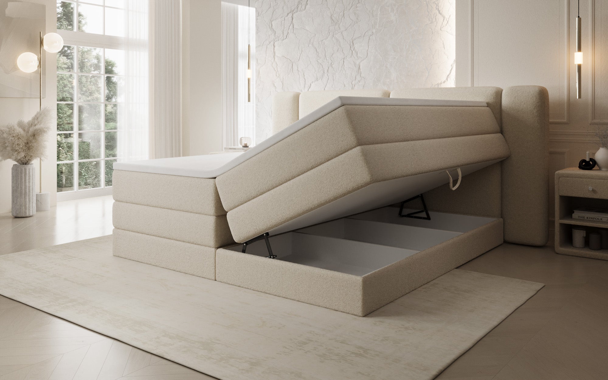 Boxspringbett Leni mit hochklappbarem Stauraum in Teddy Bouclé