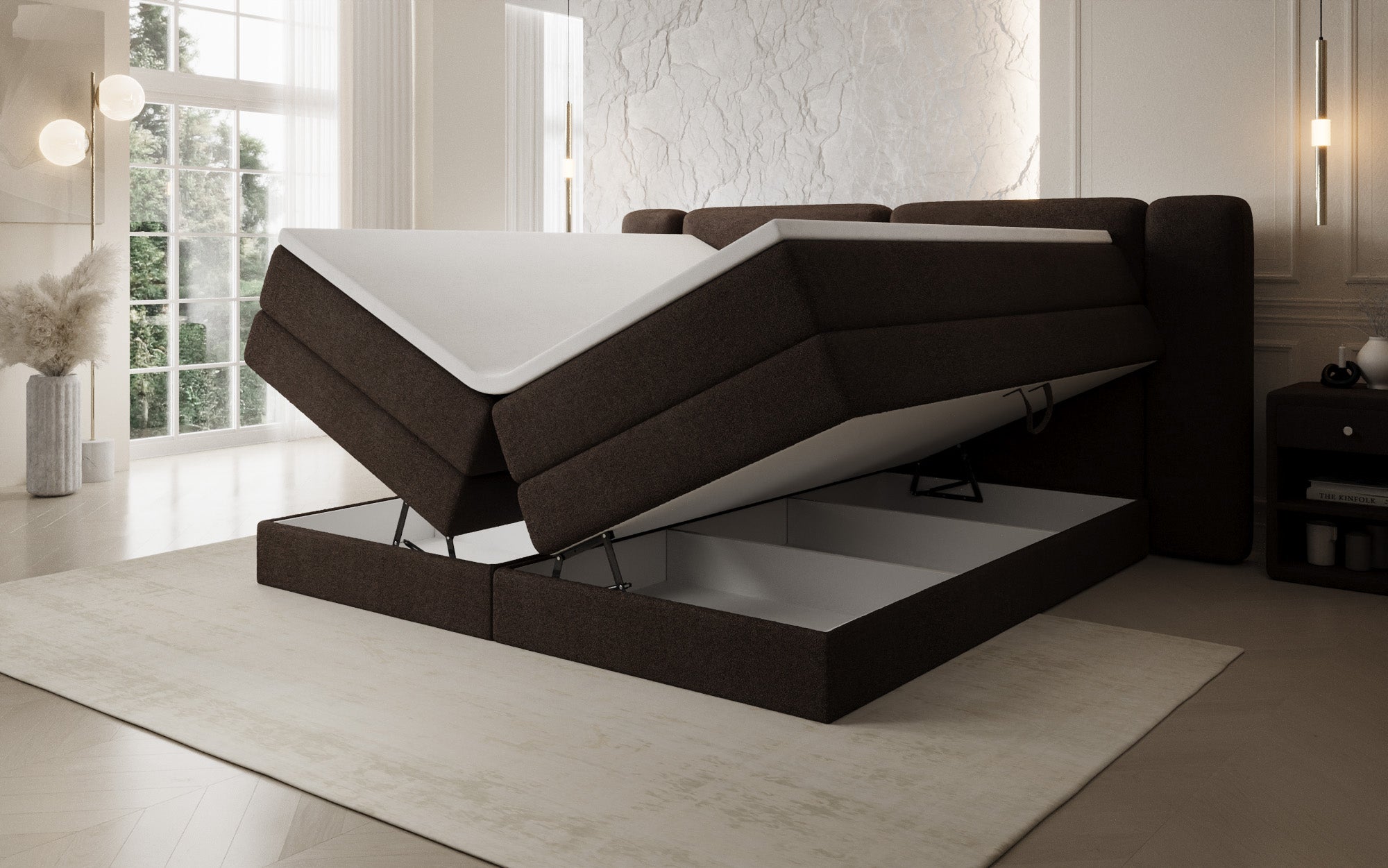 Boxspringbett Leni mit hochklappbarem Stauraum in Teddy Bouclé