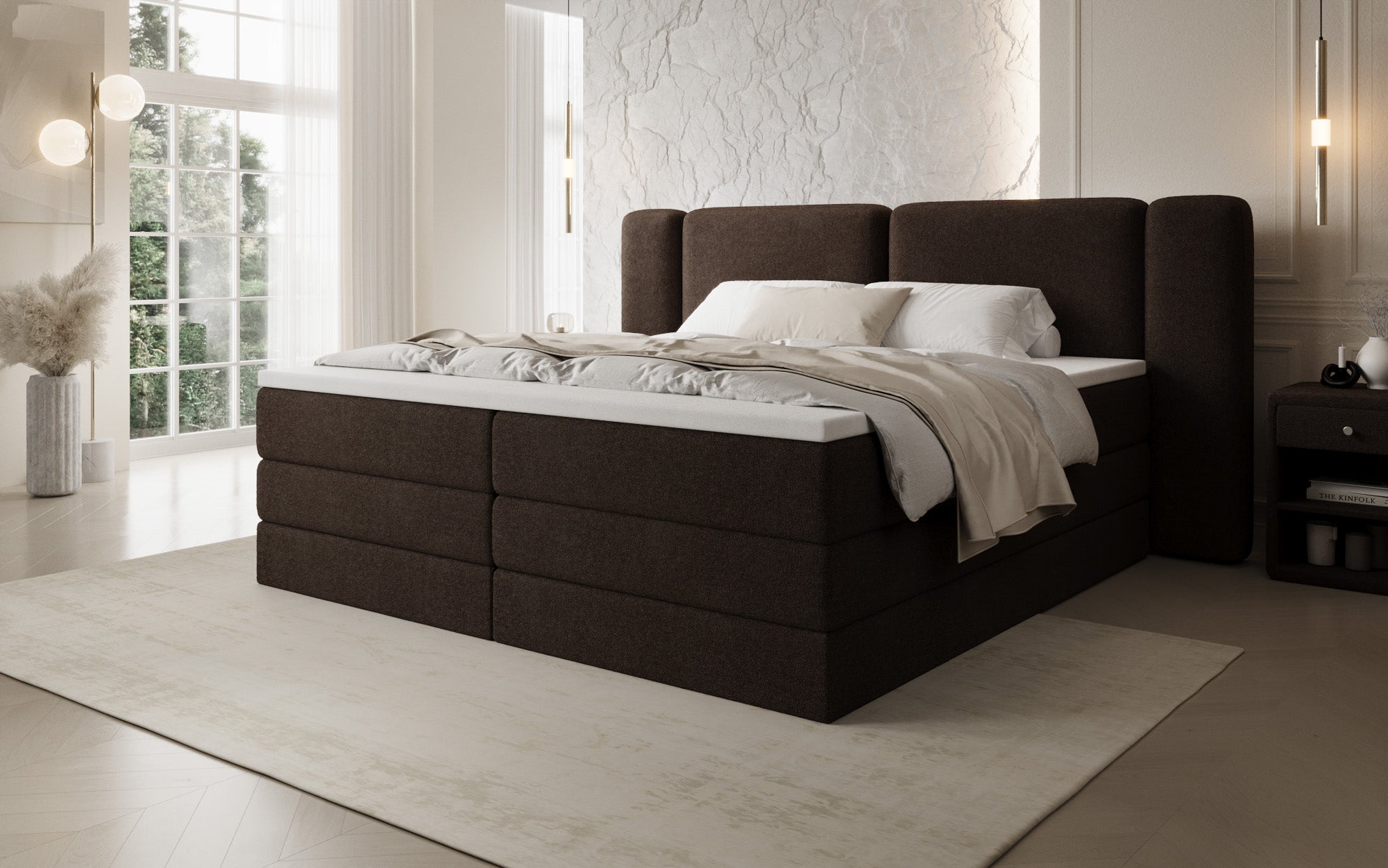 Boxspringbett Leni mit hochklappbarem Stauraum in Teddy Bouclé