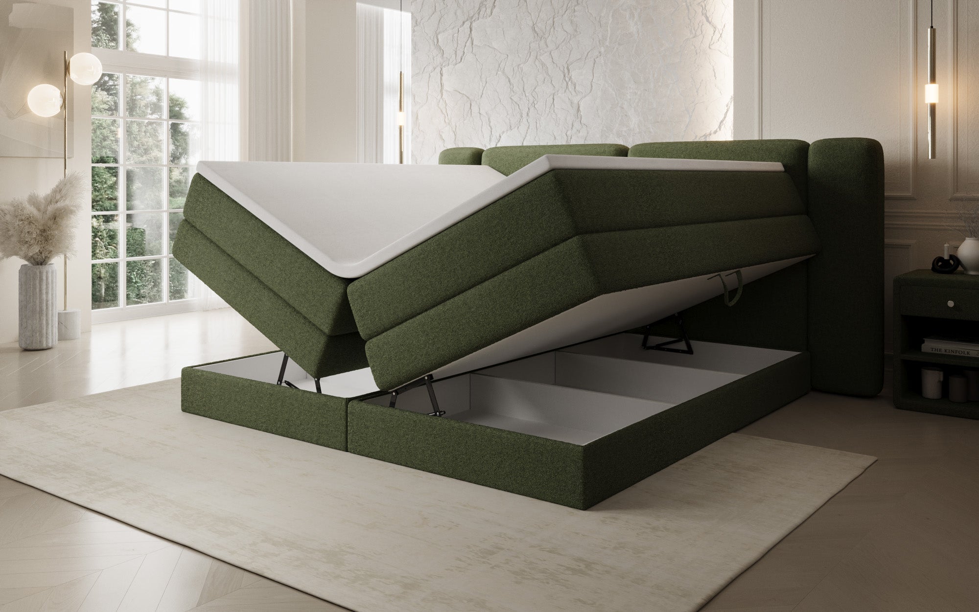 Boxspringbett Leni mit hochklappbarem Stauraum in Teddy Bouclé