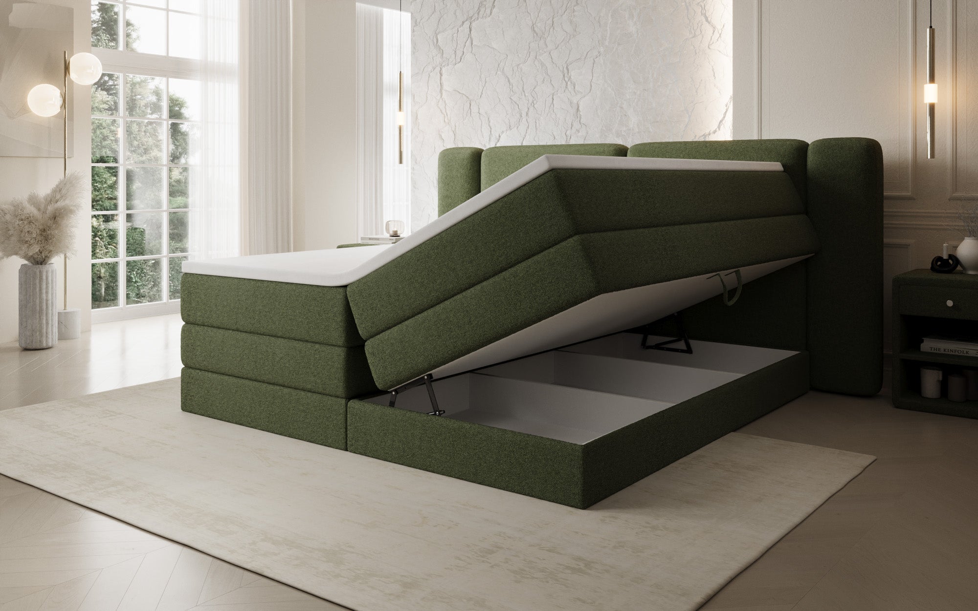 Boxspringbett Leni mit hochklappbarem Stauraum in Teddy Bouclé