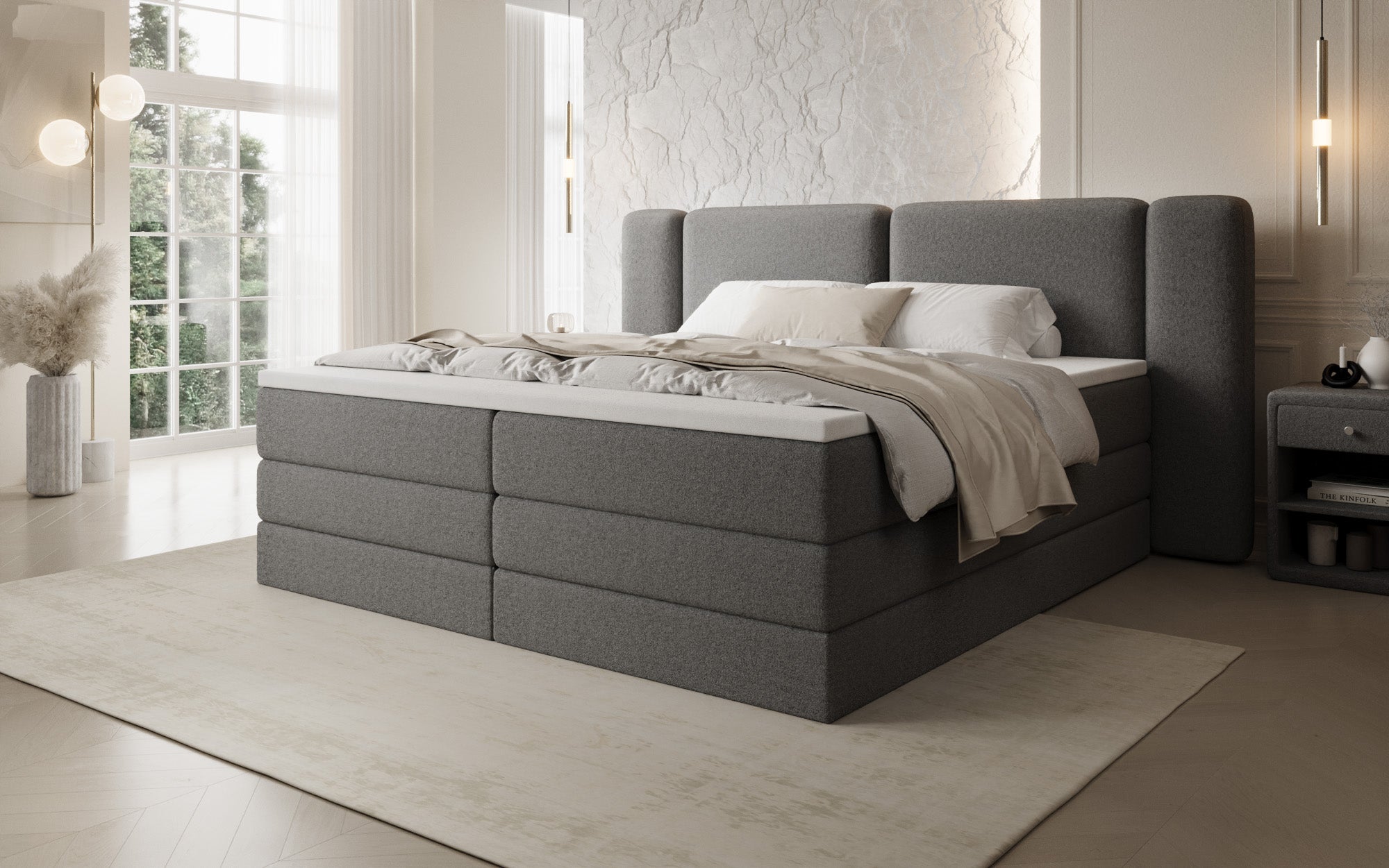 Boxspringbett Leni mit hochklappbarem Stauraum in Teddy Bouclé