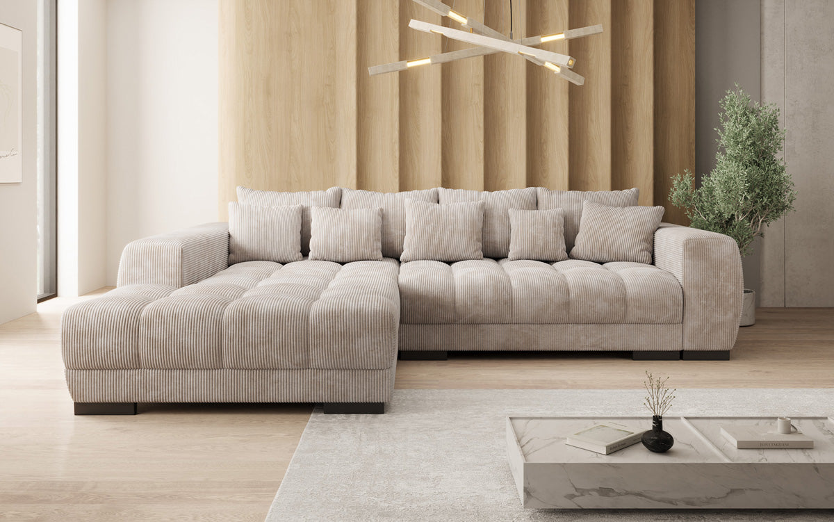 Designer Ecksofa Balu mit Schlaffunktion und Stauraum in Cord