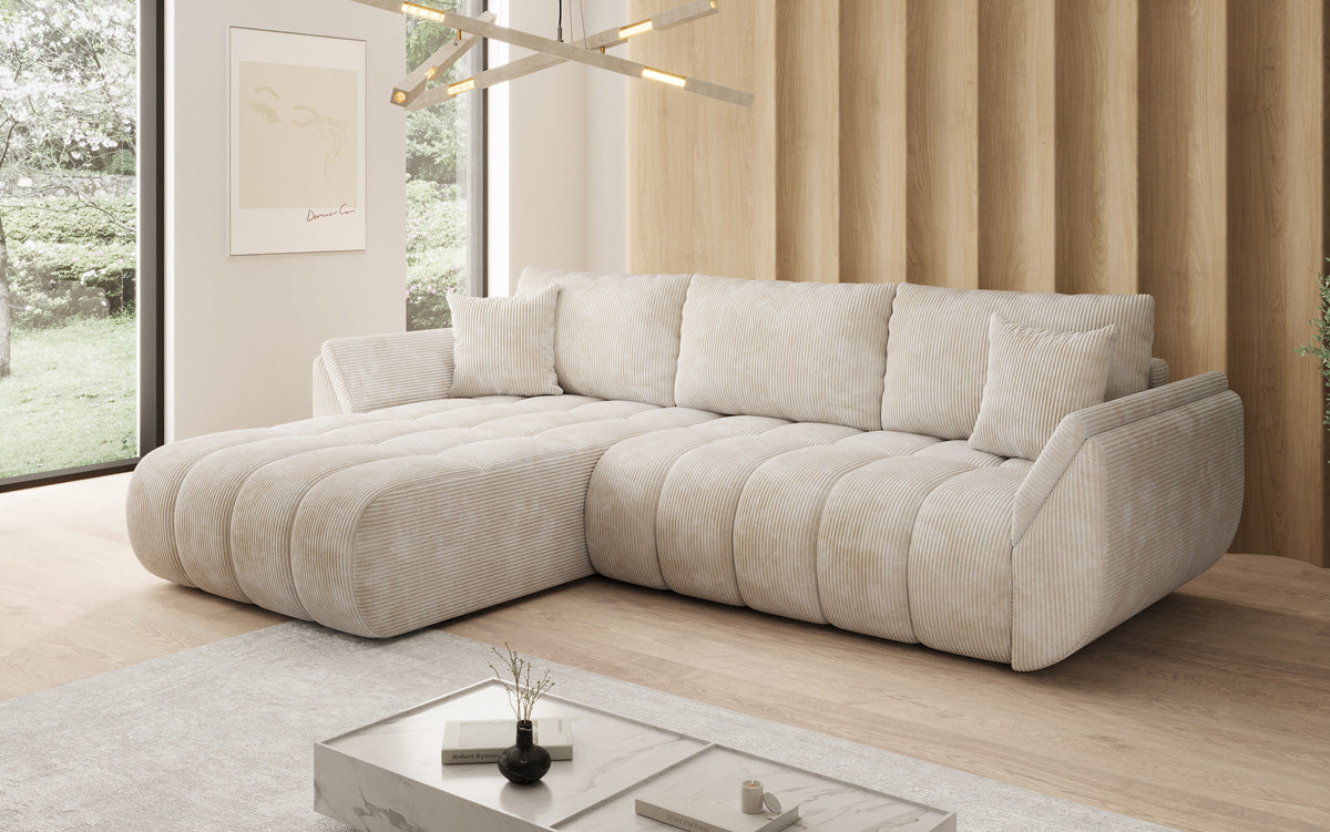 Designer Ecksofa Lenoa mit Schlaffunktion und Stauraum in Cord