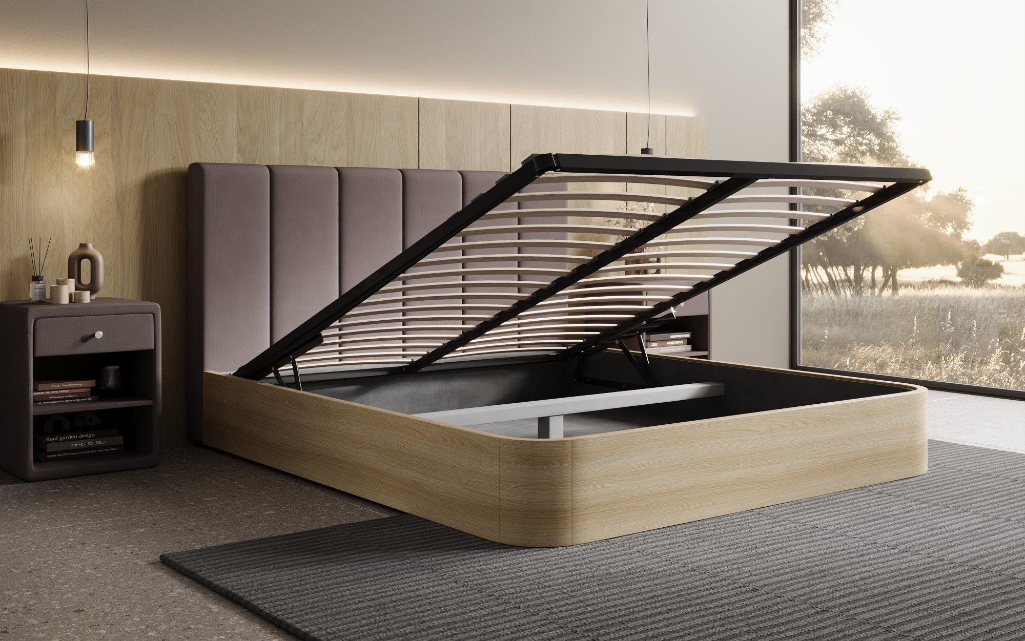 Designer Polsterbett Fiore Piano in Stoff mit Stauraum