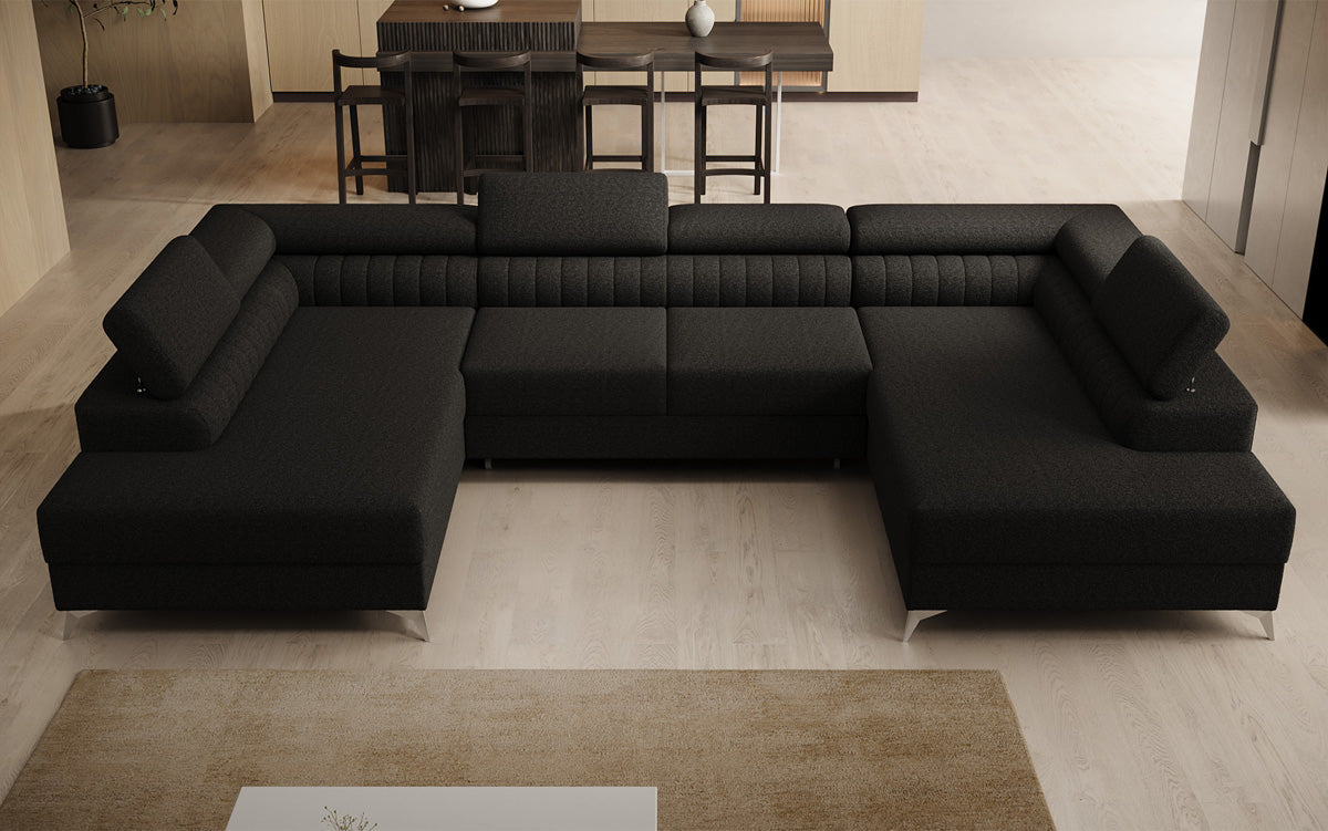 Designer Sofa Aurea U mit Schlaf- und Klappfunktion in Bouclé