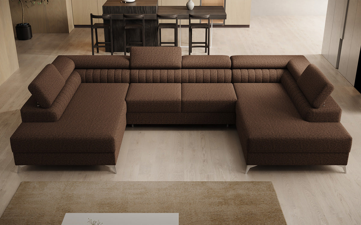 Designer Sofa Aurea U mit Schlaf- und Klappfunktion in Bouclé
