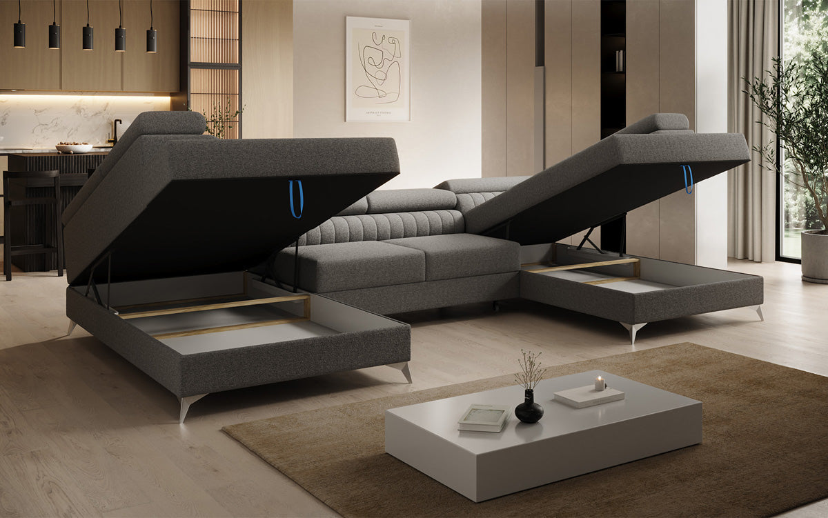 Designer Sofa Aurea U mit Schlaf- und Klappfunktion in Bouclé