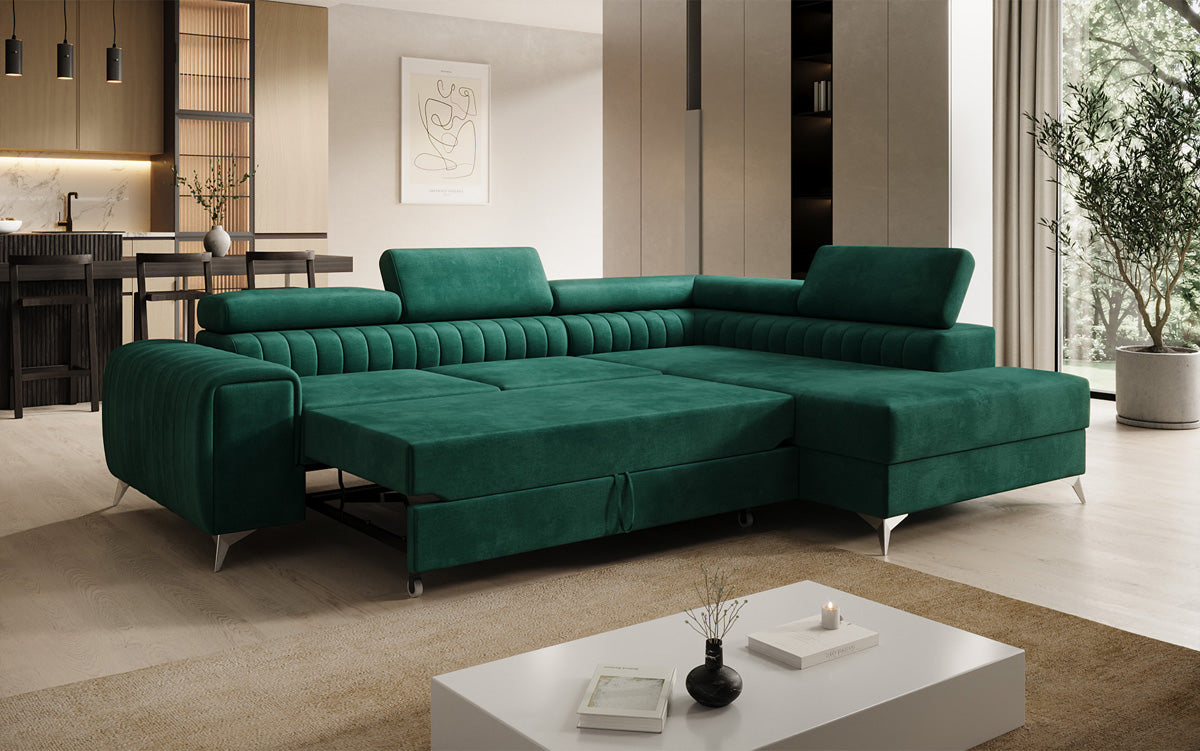 Designer Ecksofa Aurea mit Schlaf- und Klappfunktion in Samt