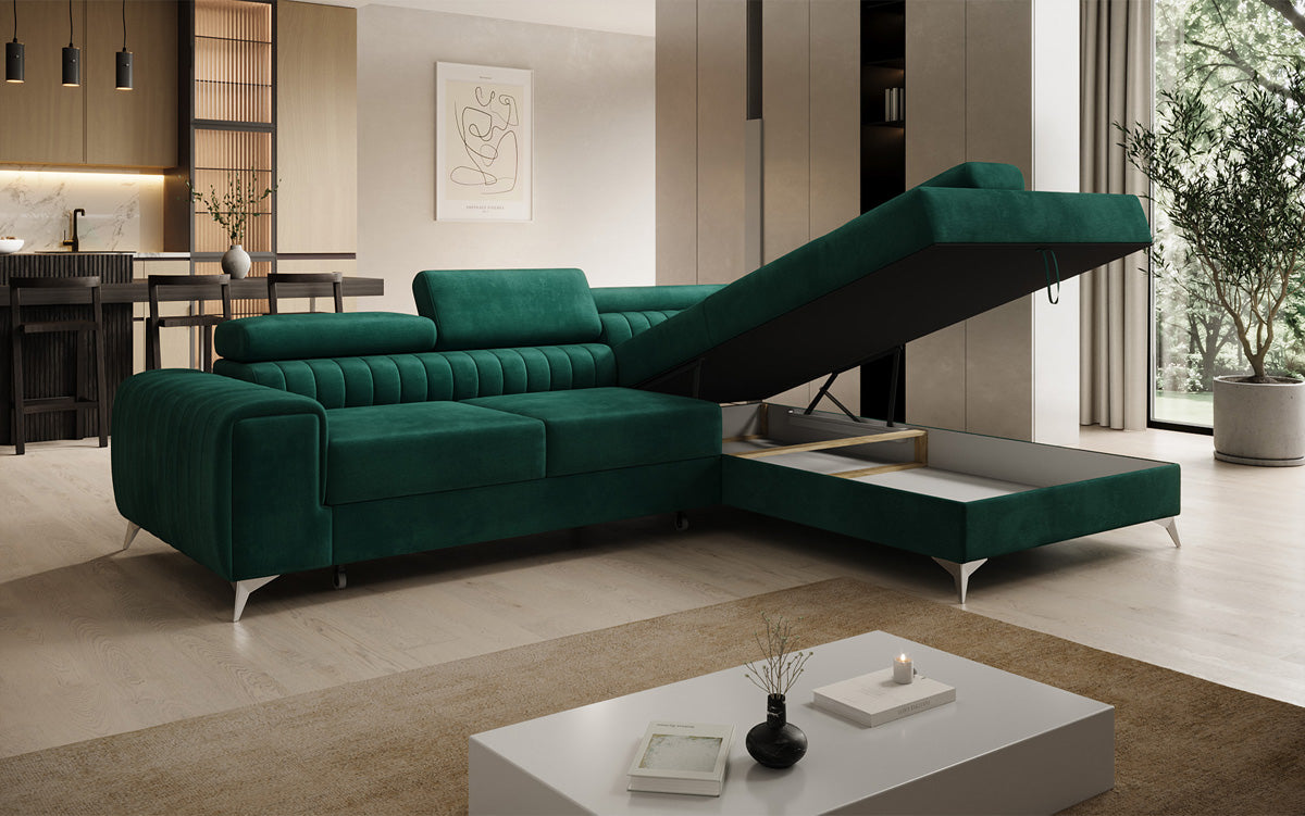 Designer Ecksofa Aurea mit Schlaf- und Klappfunktion in Samt