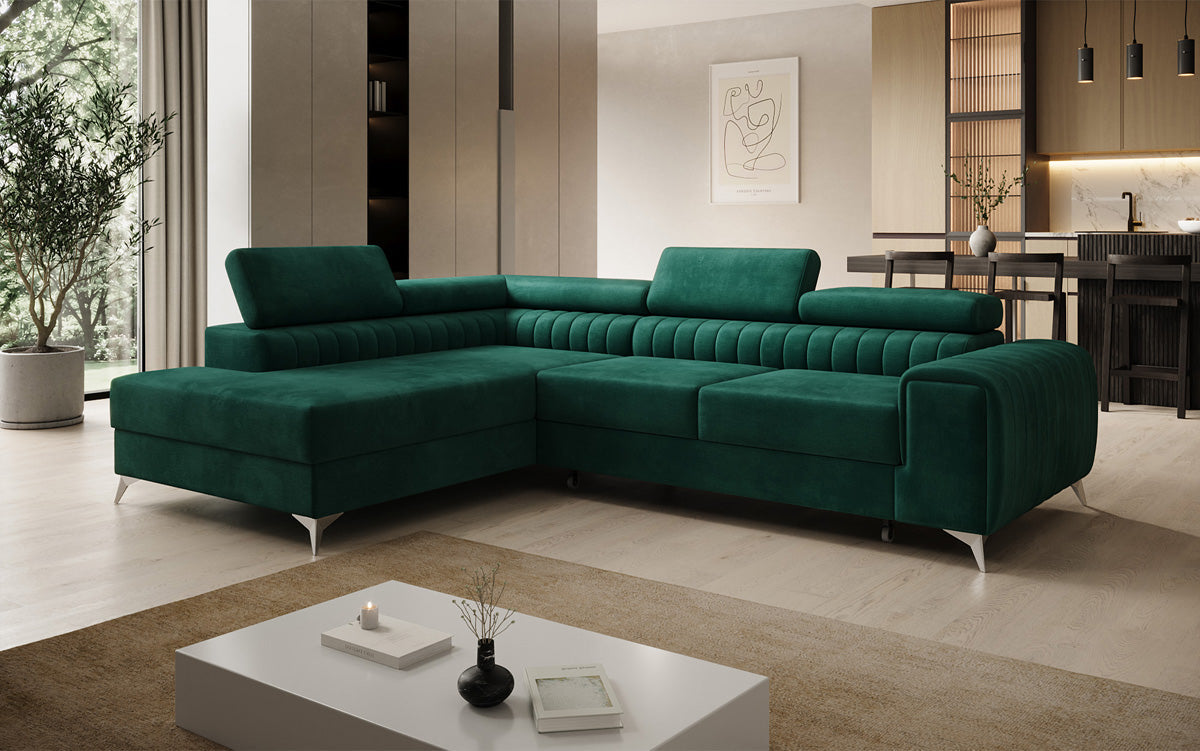 Designer Ecksofa Aurea mit Schlaf- und Klappfunktion in Samt