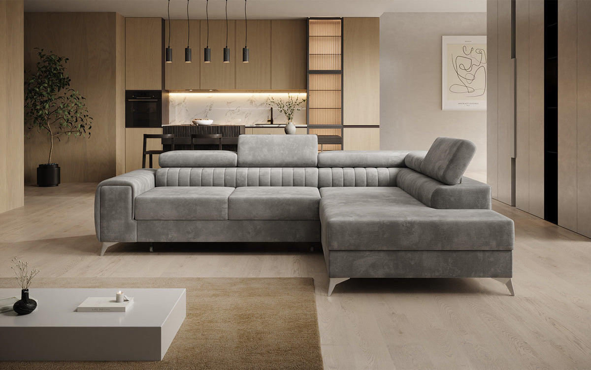 Designer Ecksofa Aurea mit Schlaf- und Klappfunktion in Samt
