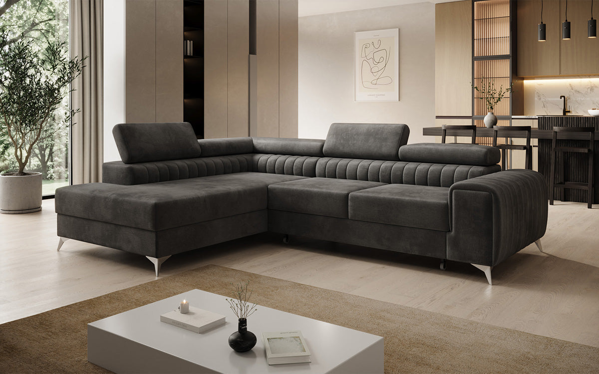 Designer Ecksofa Aurea mit Schlaf- und Klappfunktion in Samt