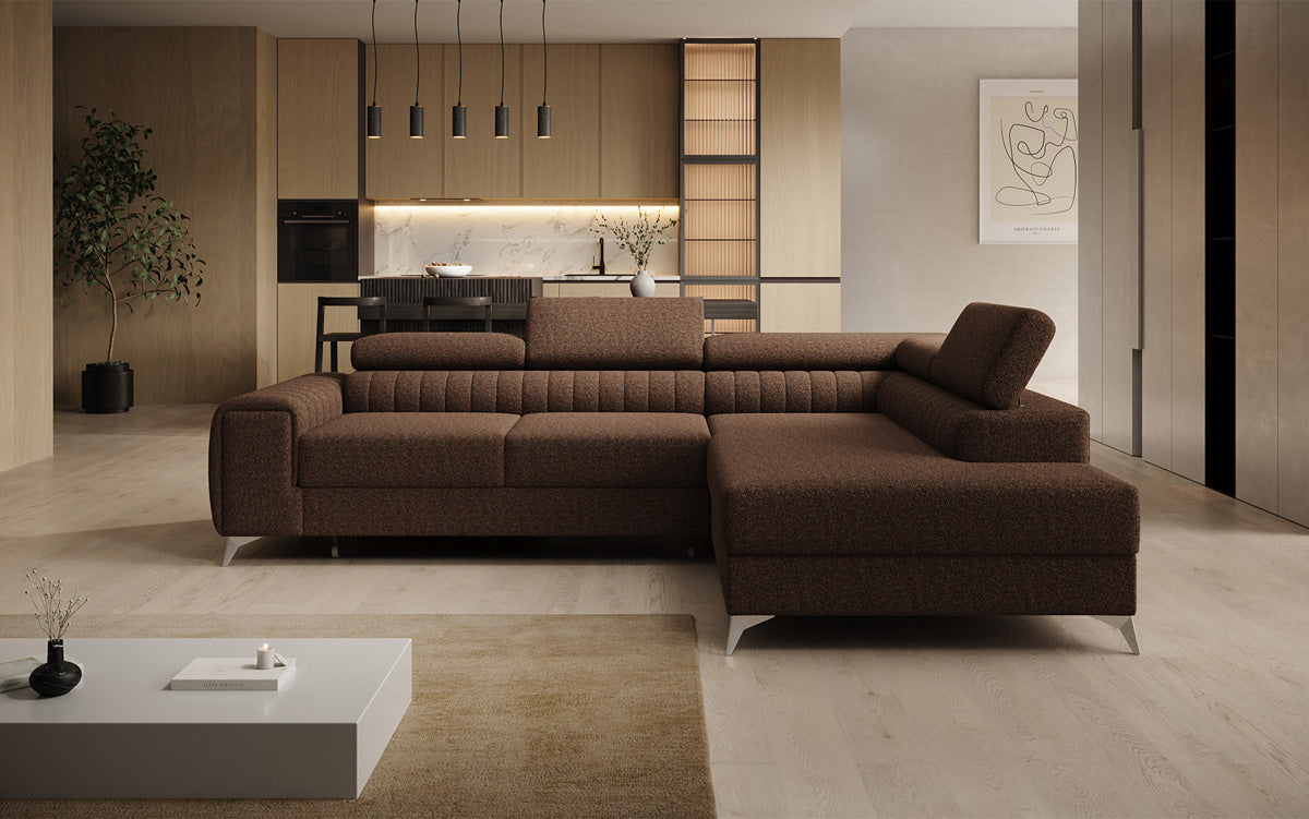 Designer Ecksofa Aurea mit Schlaf- und Klappfunktion in Bouclé