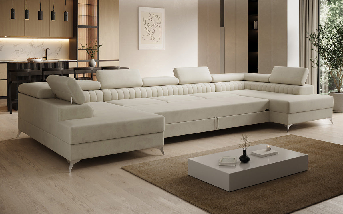 Designer Sofa Aurea U XXL mit Schlaf- und Klappfunktion in Samt