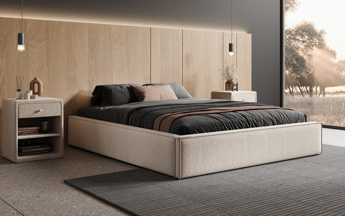 Designer Polsterbett Base mit Stauraum ohne Headboard in Strukturstoff