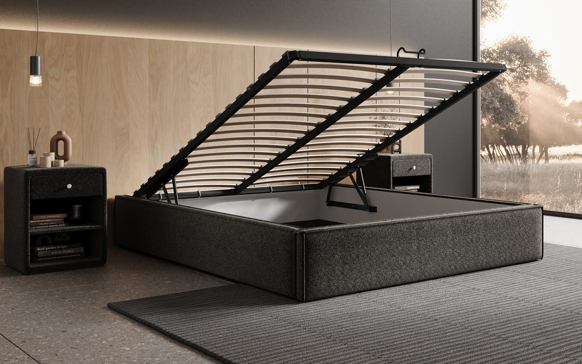Designer Polsterbett Base mit Stauraum ohne Headboard in Strukturstoff