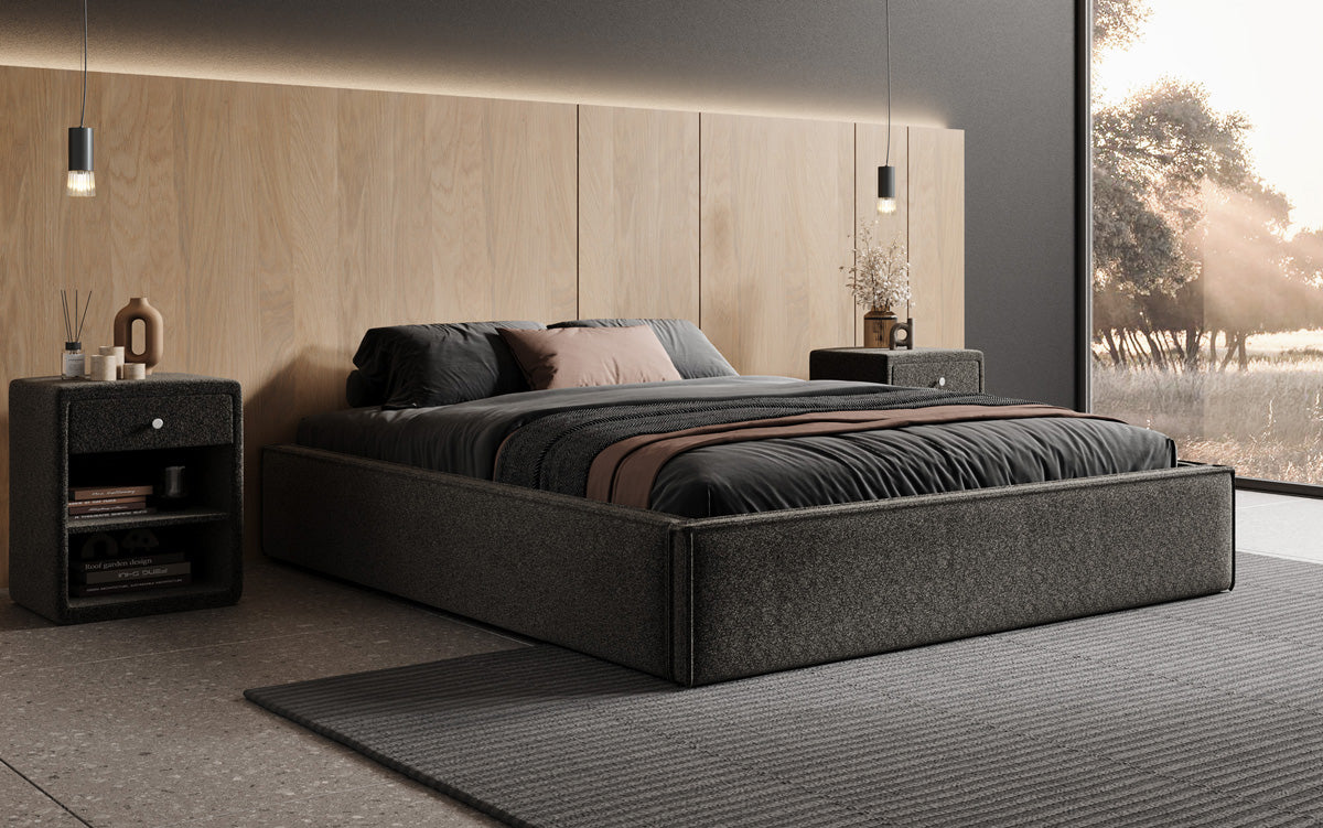 Designer Polsterbett Base mit Stauraum ohne Headboard in Strukturstoff