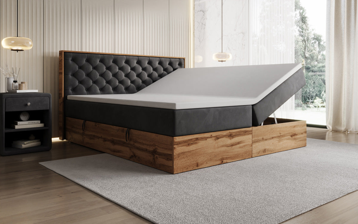 Boxspringbett Timber Chester mit Stauraum in Samt
