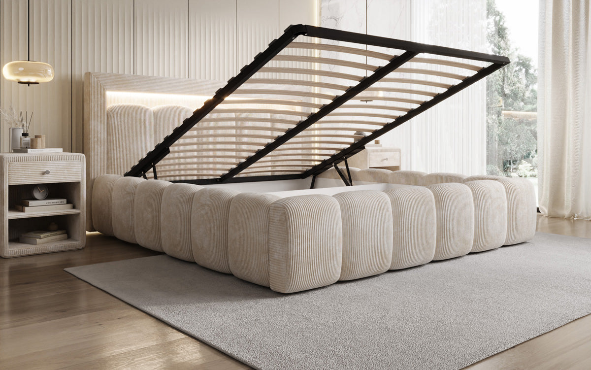 Designer Polsterbett Lume in Cord mit Stauraum und RGB Beleuchtung