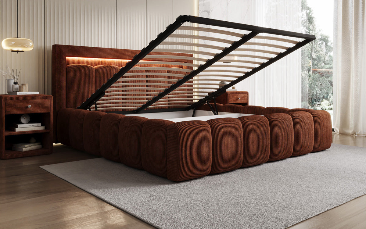 Designer Polsterbett Lume in Cord mit Stauraum und RGB Beleuchtung
