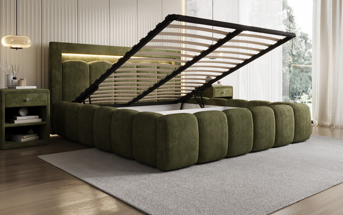 Designer Polsterbett Lume in Cord mit Stauraum und RGB Beleuchtung