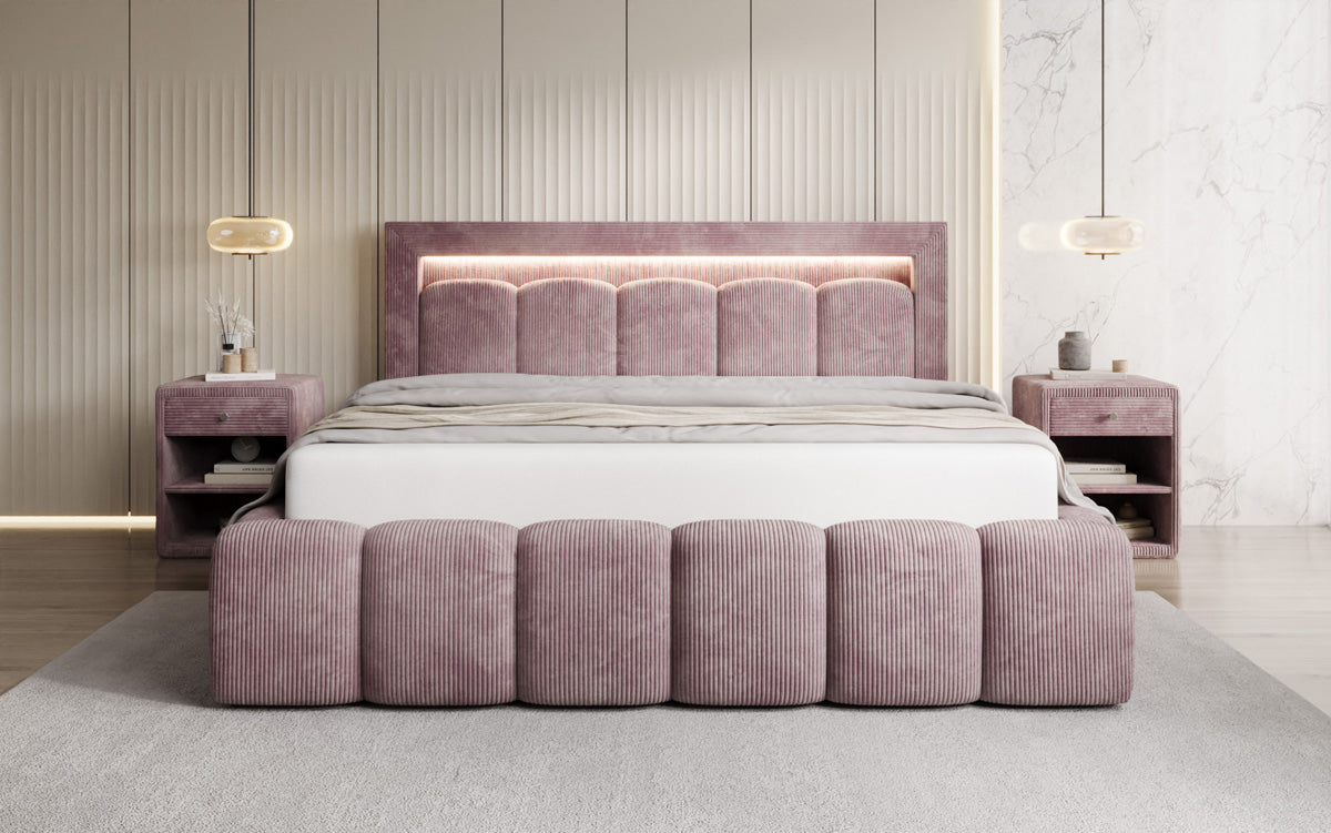 Designer Polsterbett Lume in Cord mit Stauraum und RGB Beleuchtung
