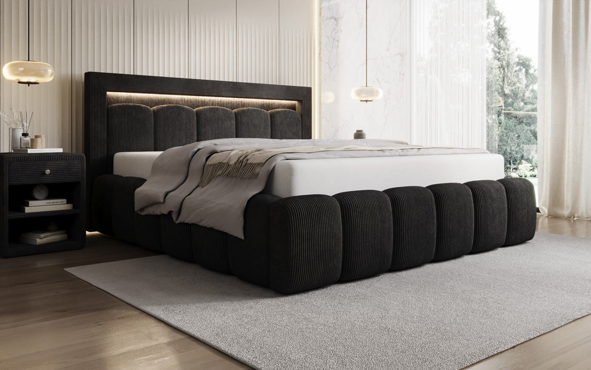 Designer Polsterbett Lume in Cord mit Stauraum und RGB Beleuchtung