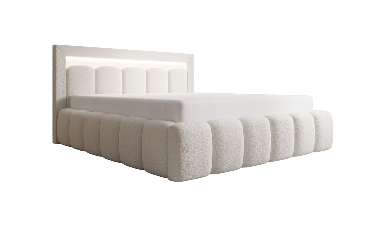 Designer Polsterbett Lume in Teddy Bouclé mit Stauraum und RGB Beleuchtung