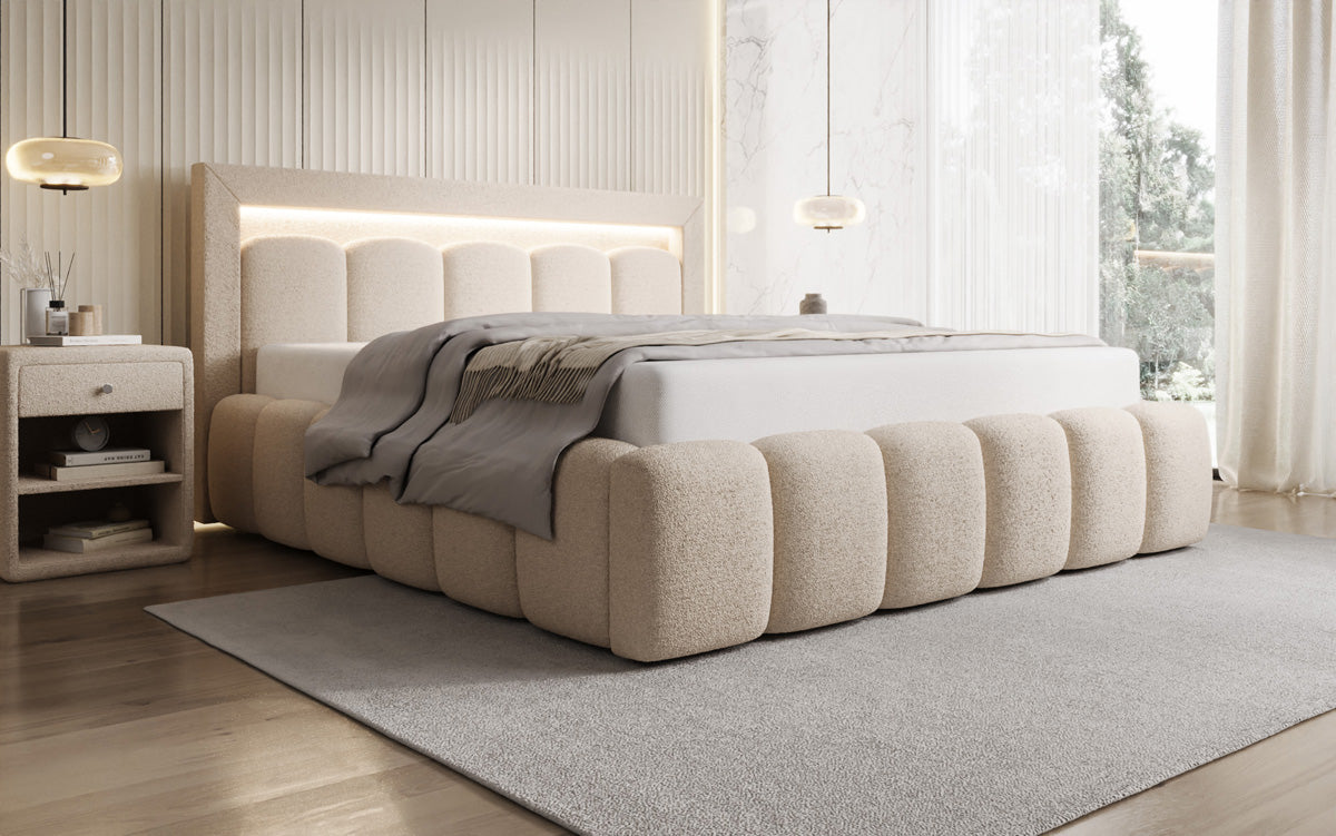 Designer Polsterbett Lume in Teddy Bouclé mit Stauraum und RGB Beleuchtung