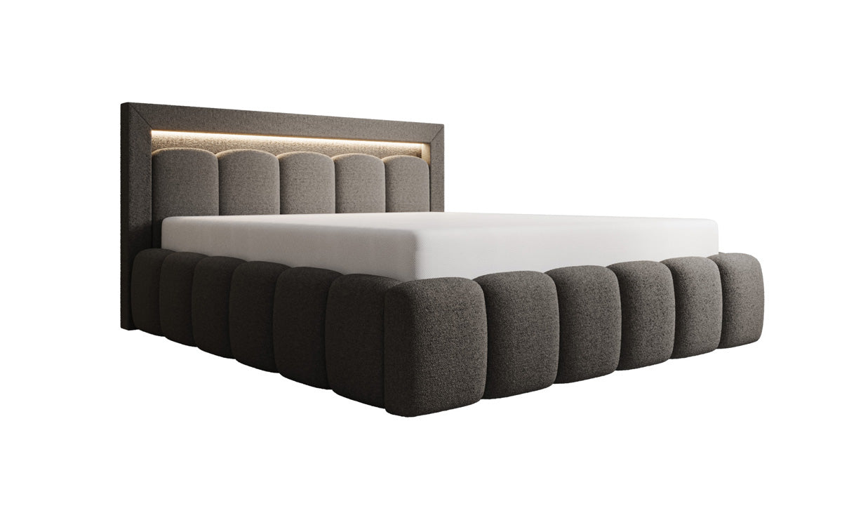 Designer Polsterbett Lume in Teddy Bouclé mit Stauraum und RGB Beleuchtung