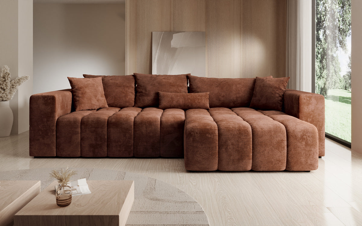 Designer Ecksofa Momo mit Schlaf- und Klappfunktion in Cord