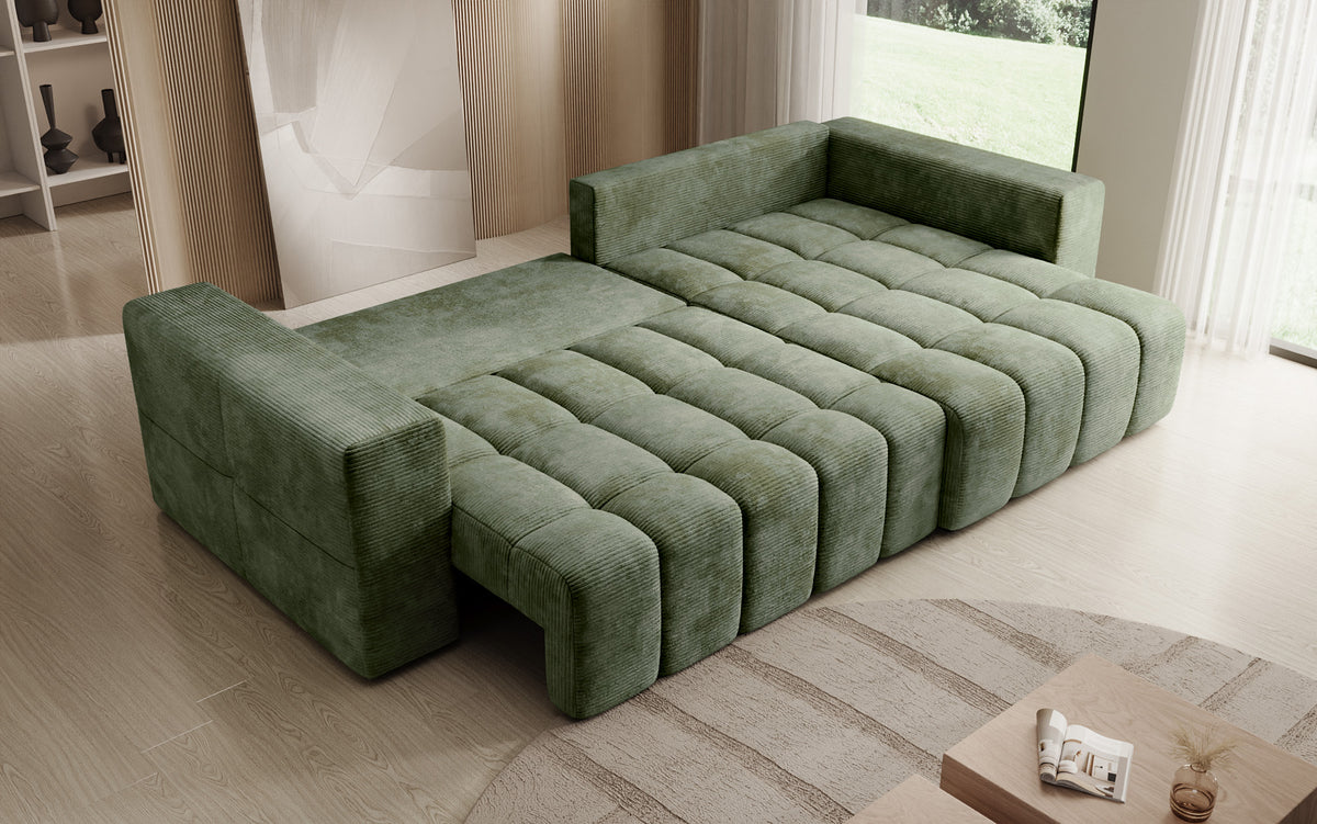 Designer Ecksofa Momo mit Schlaf- und Klappfunktion in Cord