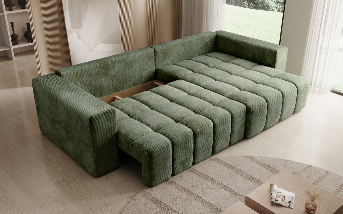 Designer Ecksofa Momo mit Schlaf- und Klappfunktion in Cord