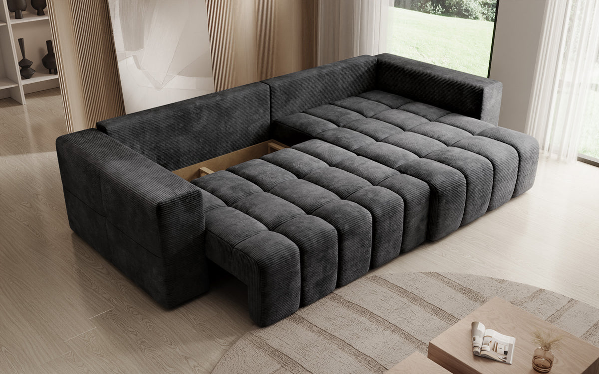 Designer Ecksofa Momo mit Schlaf- und Klappfunktion in Cord