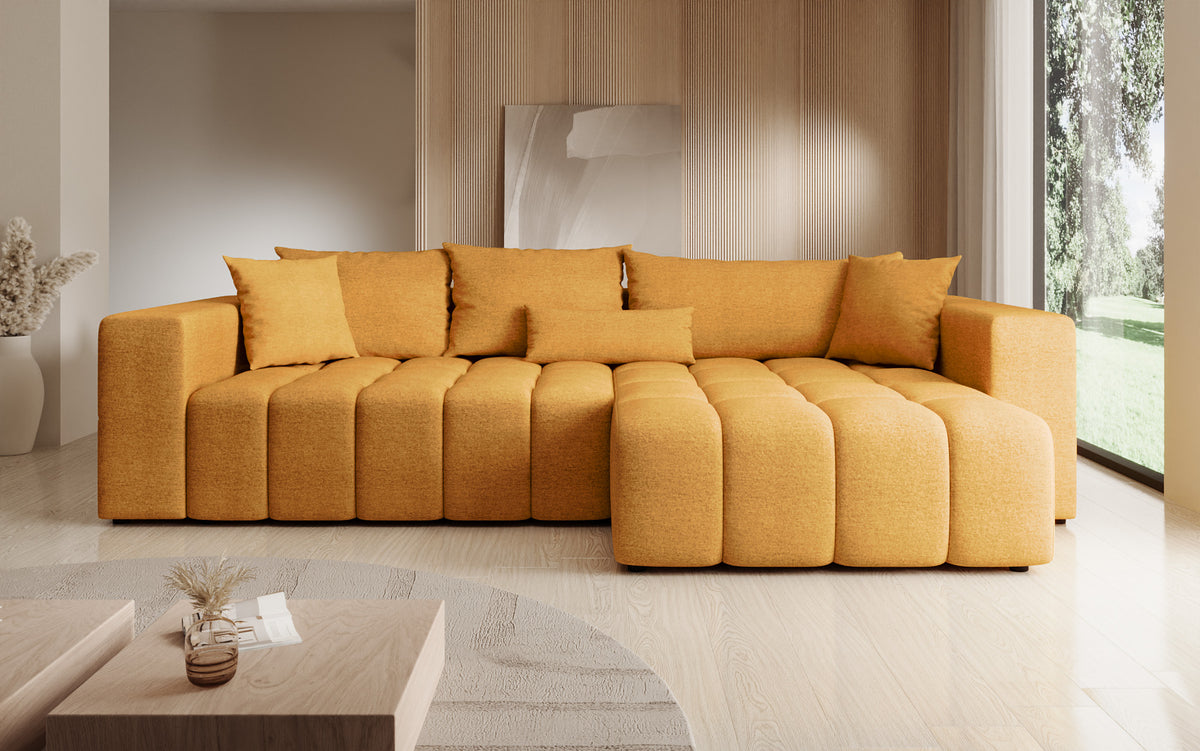 Designer Ecksofa Momo mit Schlaf- und Klappfunktion in Strukturstoff