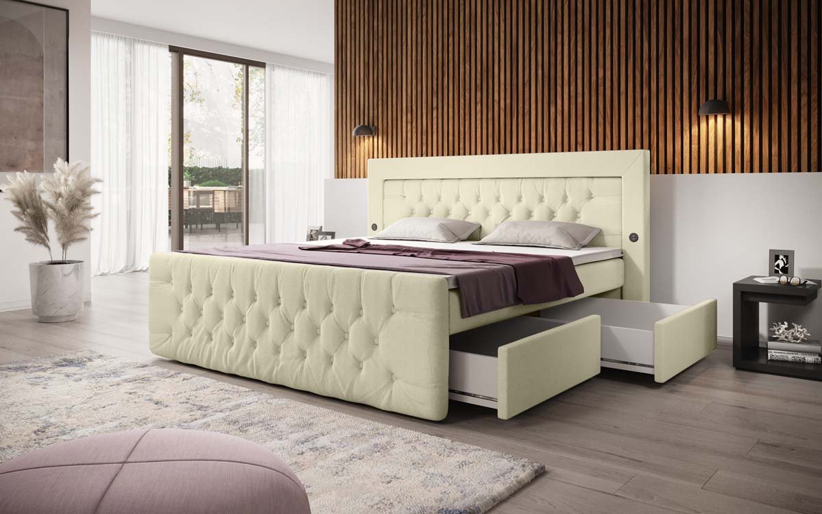 Boxspringbett Diva Bouclé mit USB, LED und 2 Schubalden