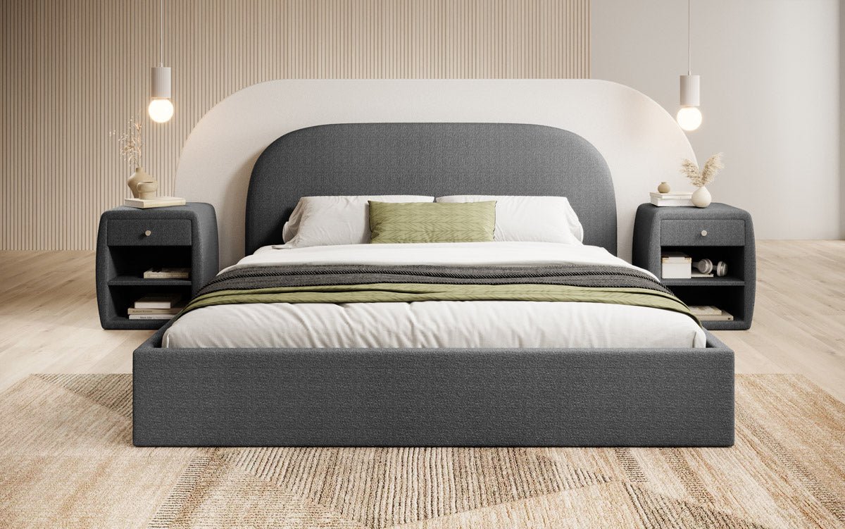 Designer Polsterbett Lorelei in Bouclé mit Stauraum