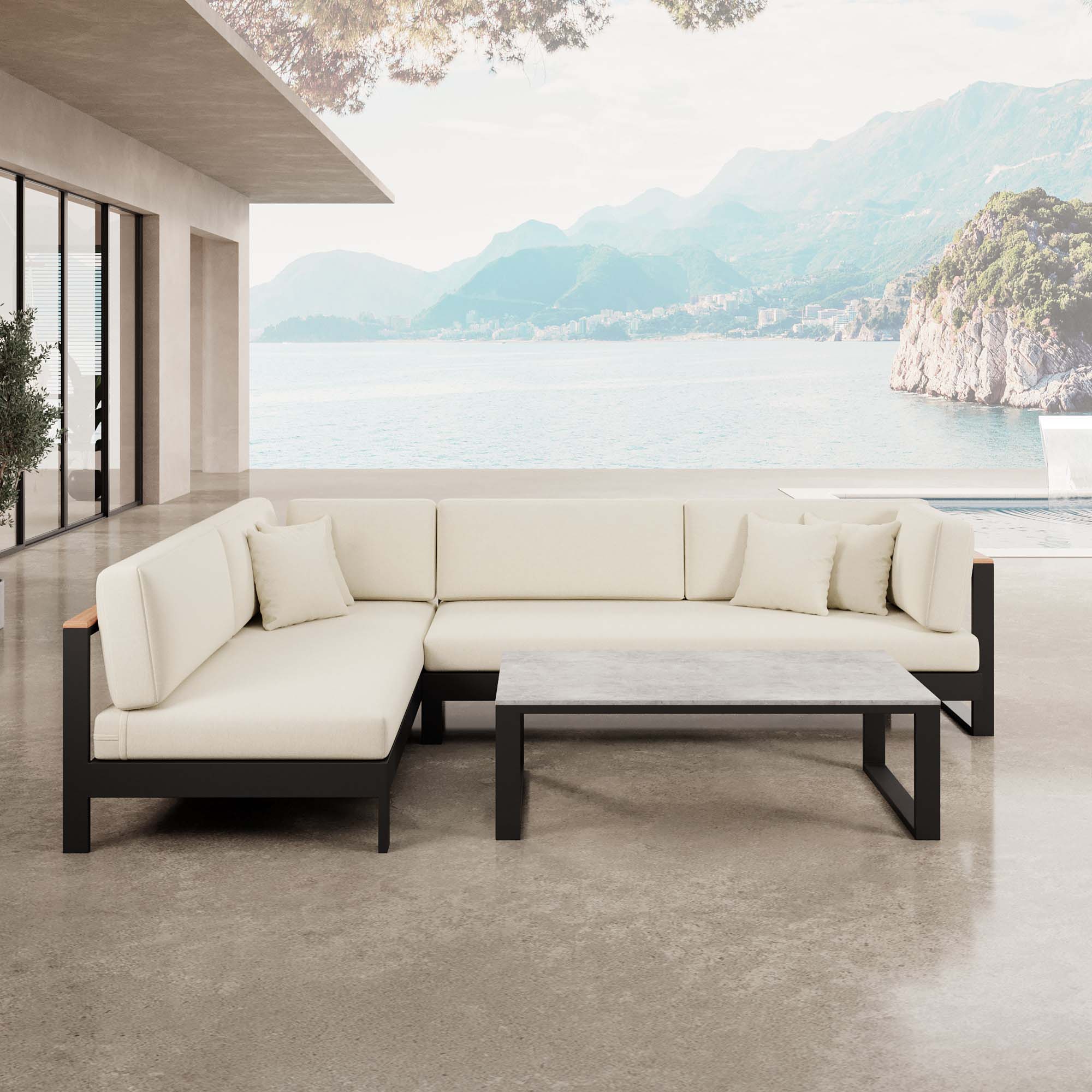 Vayla – Ecklounge, Ecksofa & Tisch aus schwarzem Aluminium | Aevora™ Kollektion