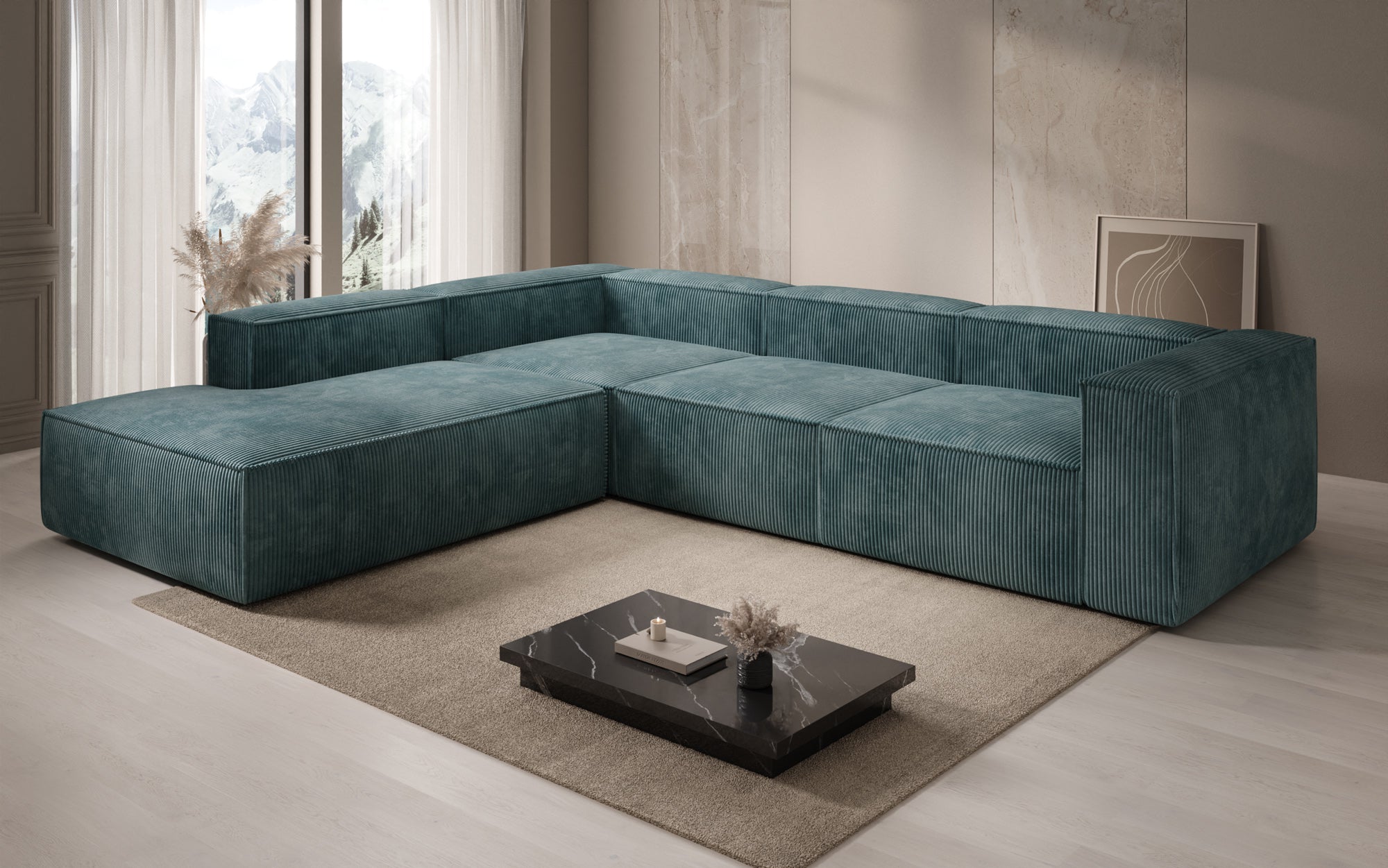 Designer Sofa Lesley L mit langer Ottomane in Cord