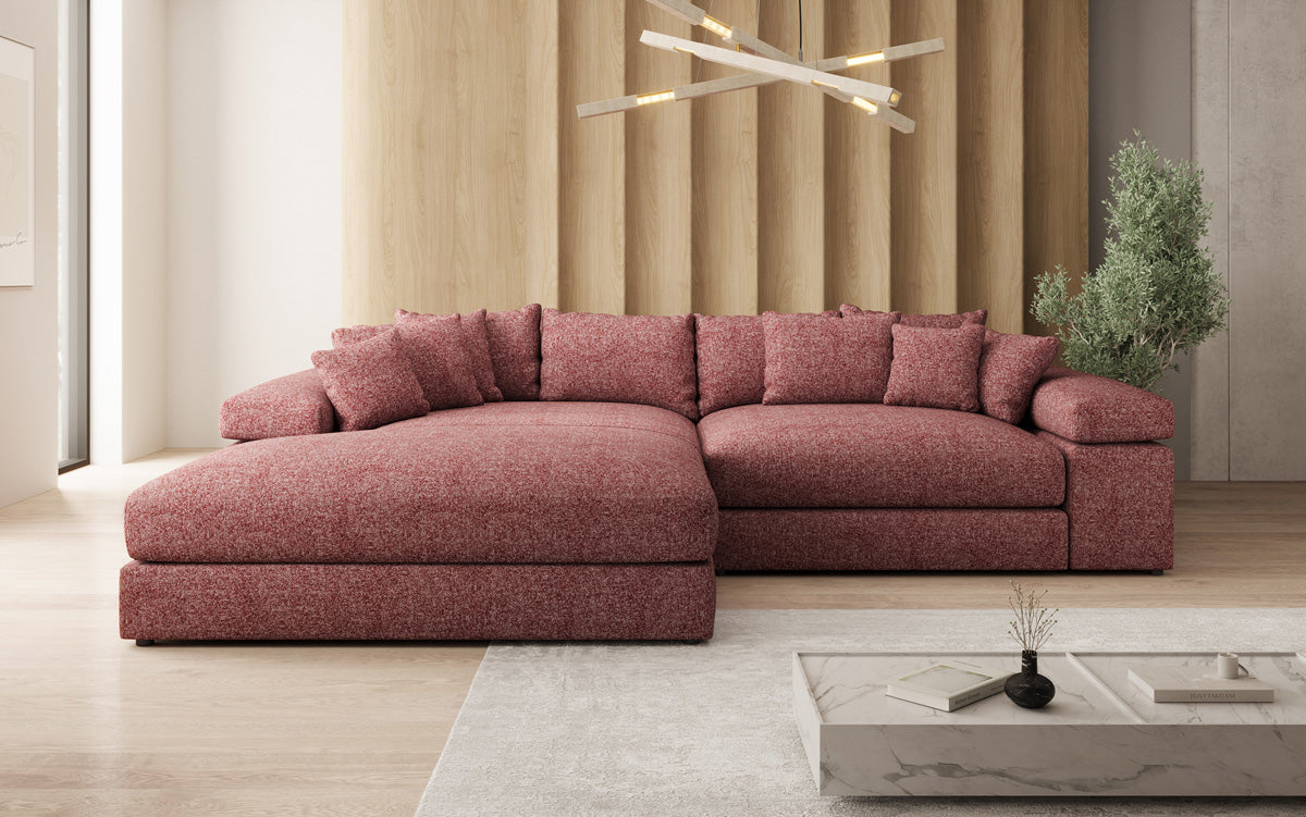 Designer Ecksofa Bernardo mit breiter Ottomane in Strukturstoff