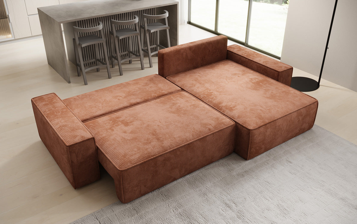 Designer Ecksofa Lunaro mit Schlaf- und Klappfunktion in Cord