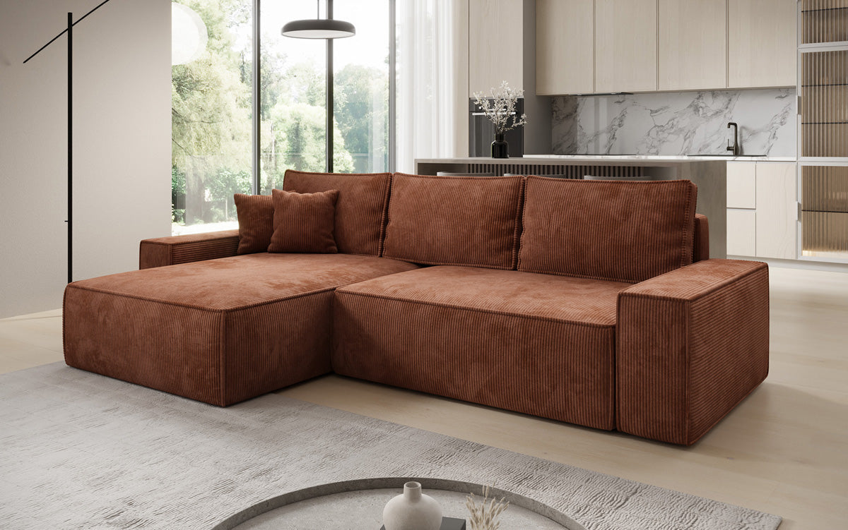 Designer Ecksofa Lunaro mit Schlaf- und Klappfunktion in Cord