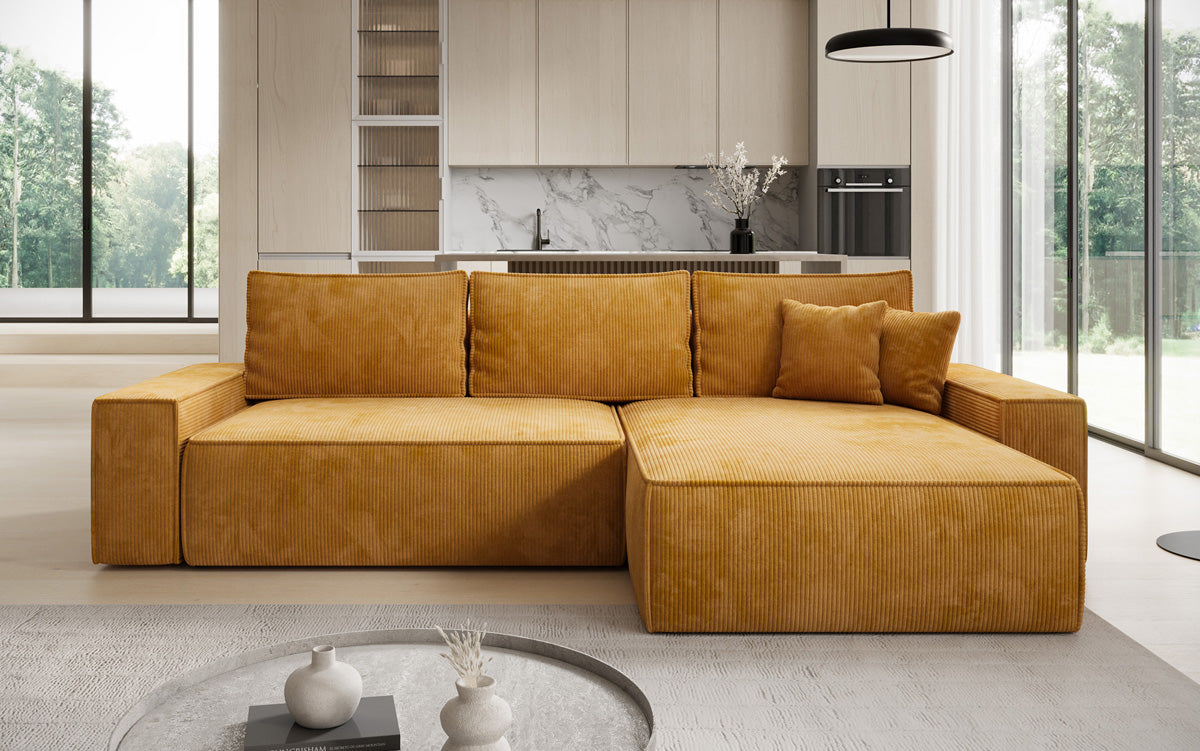 Designer Ecksofa Lunaro mit Schlaf- und Klappfunktion in Cord