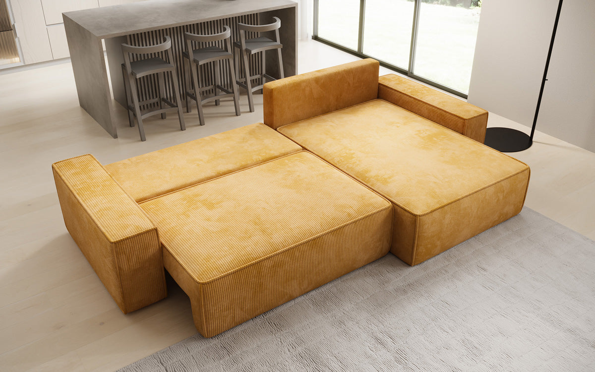 Designer Ecksofa Lunaro mit Schlaf- und Klappfunktion in Cord