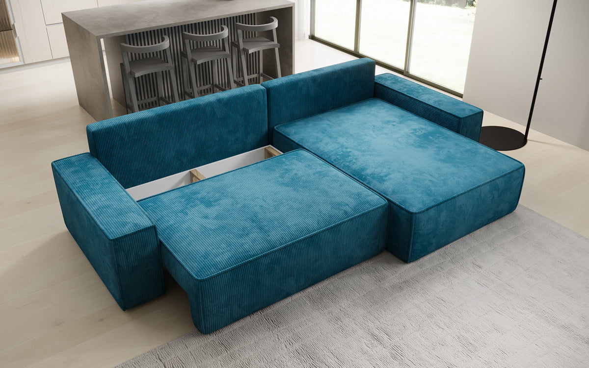 Designer Ecksofa Lunaro mit Schlaf- und Klappfunktion in Cord