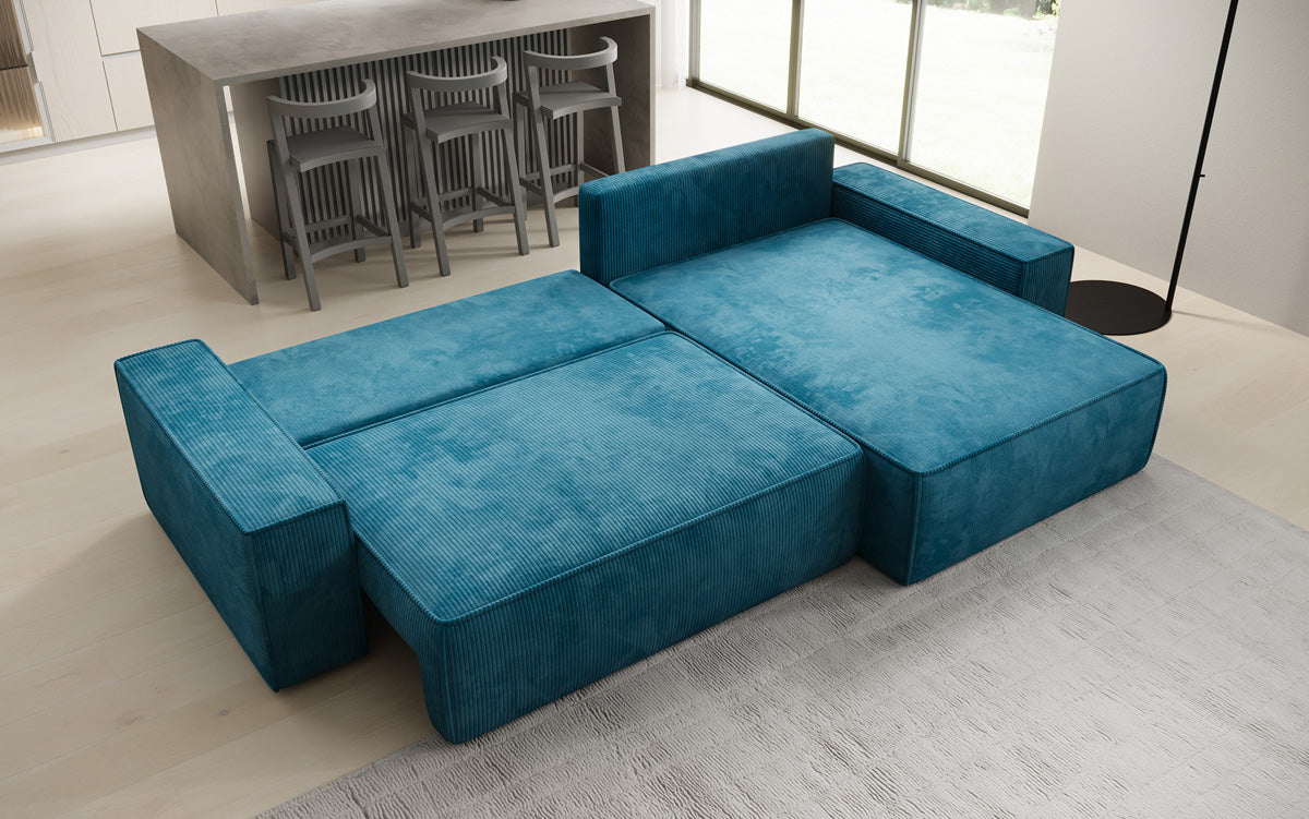 Designer Ecksofa Lunaro mit Schlaf- und Klappfunktion in Cord