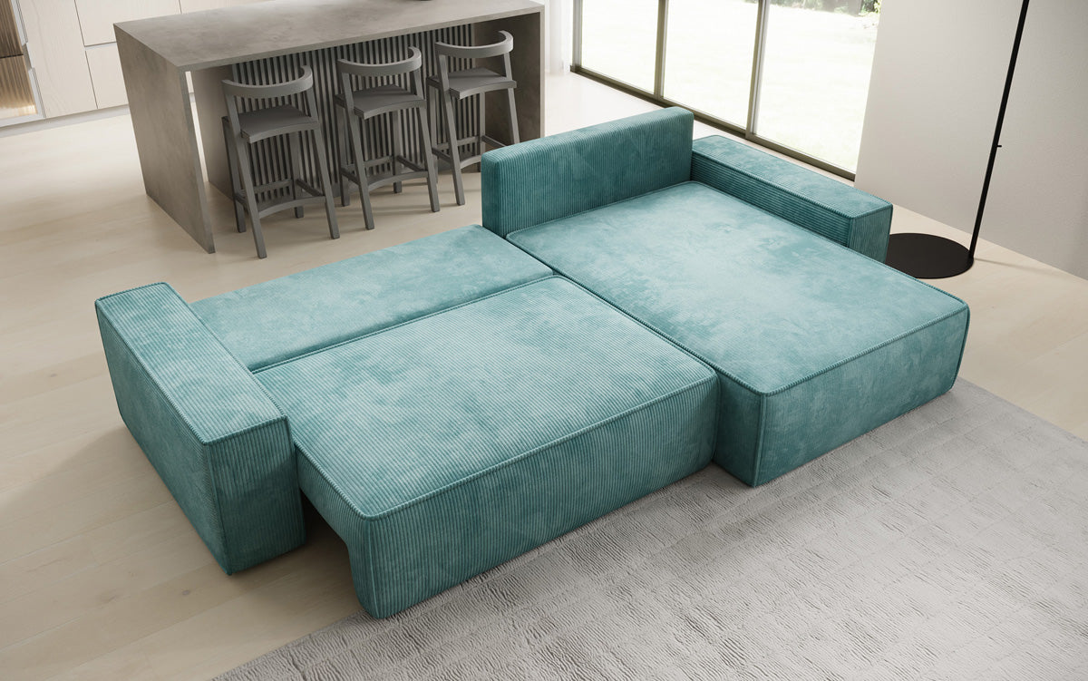 Designer Ecksofa Lunaro mit Schlaf- und Klappfunktion in Cord