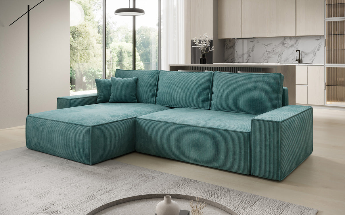 Designer Ecksofa Lunaro mit Schlaf- und Klappfunktion in Cord