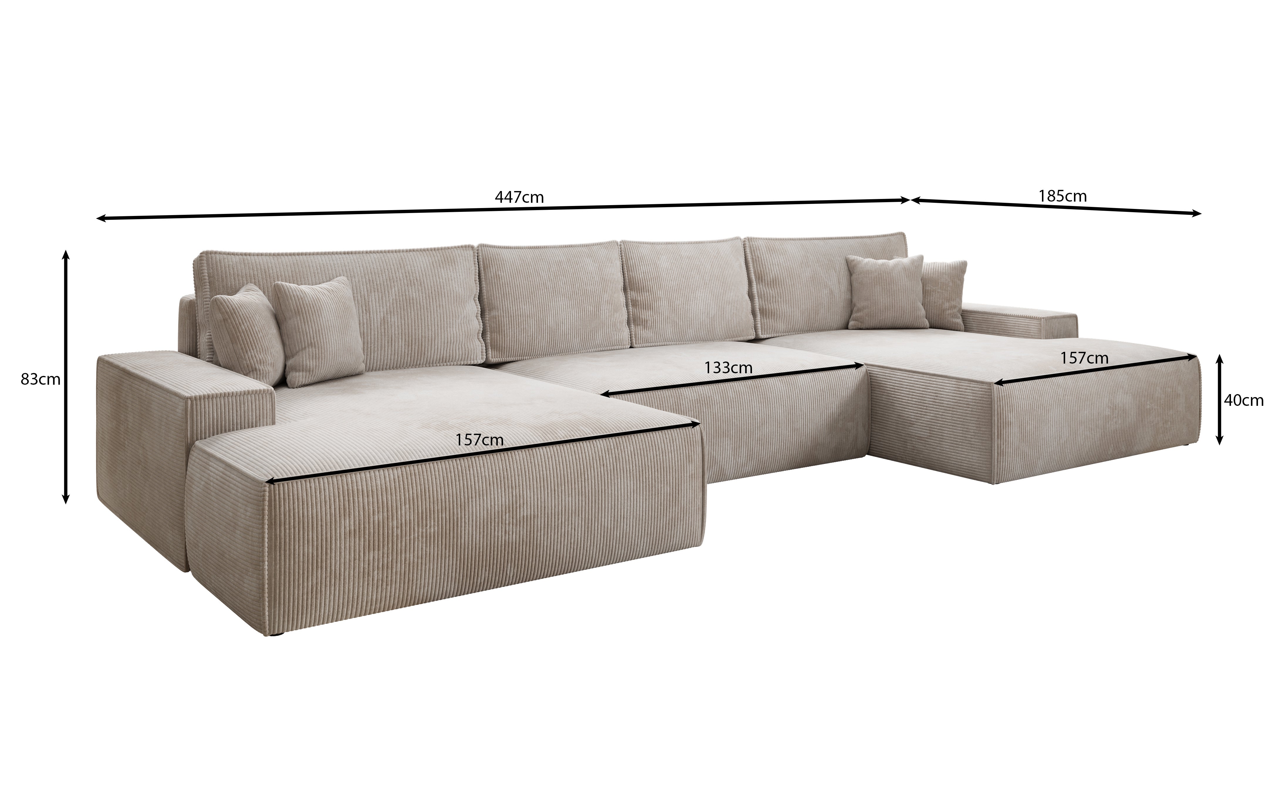 Designer Sofa Verona U mit breiter Ottomane mit Schlaffunktion und Stauraum in Cord